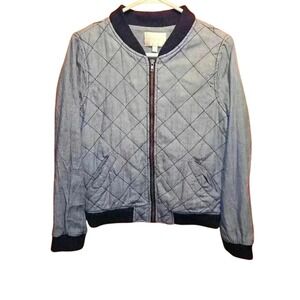 Skies Are Blue Women XS Light Blue Diamond Quilted Chambray Bomber Jacket Zip Up